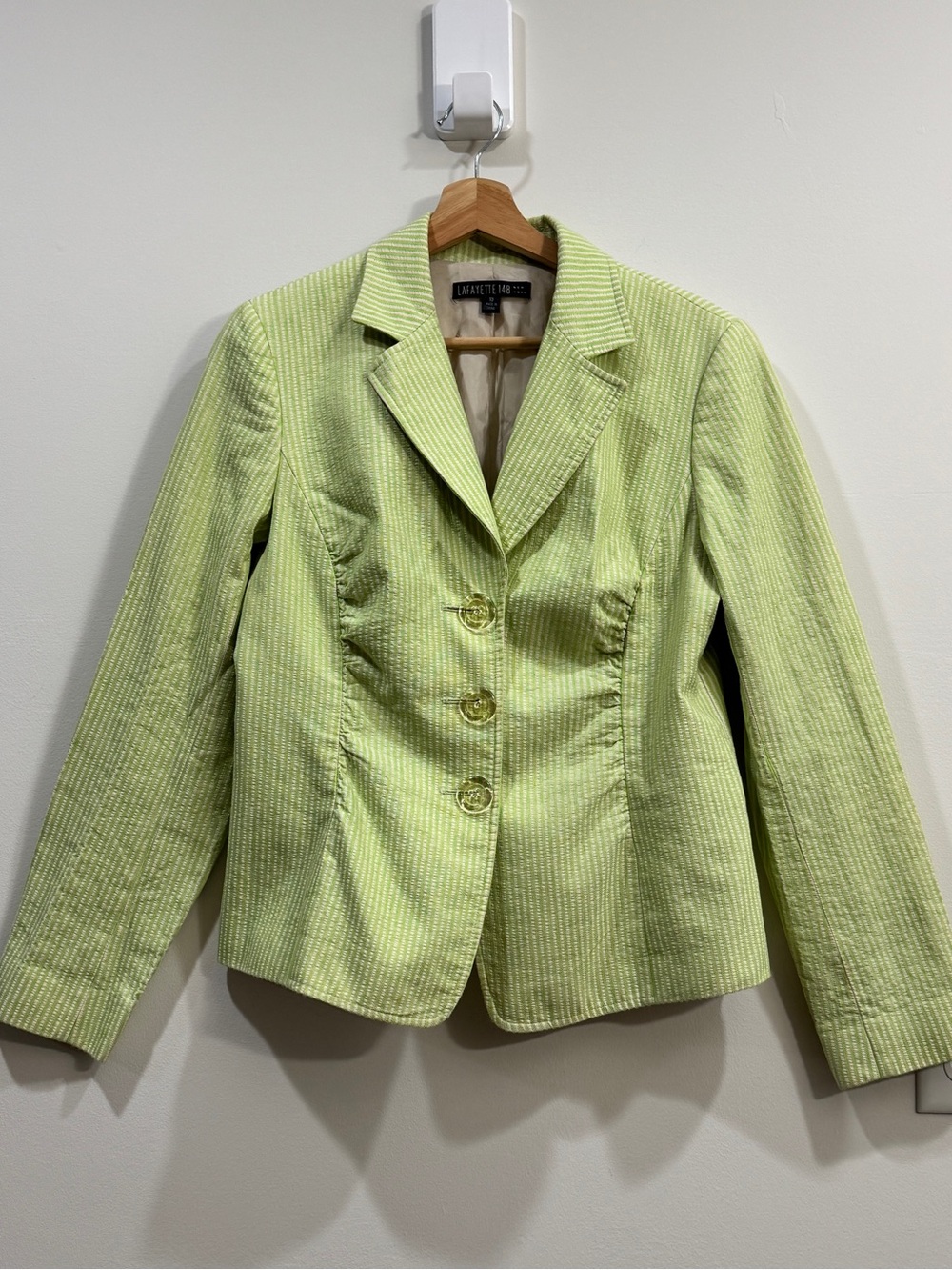 Lafayette 148 New York Seersucker Blazer Green White Striped Cotton Linen Sz 10